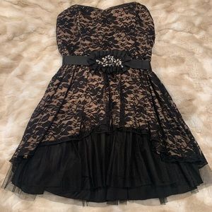 Black lace strapless dress with bling belt